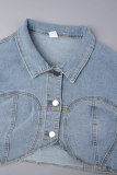 Light Blue Sexy Solid Patchwork Pocket Buckle Buttons Zipper Turndown Collar Long Sleeve Two Pieces