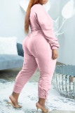Pink Casual Solid Basic V Neck Plus Size Two Pieces