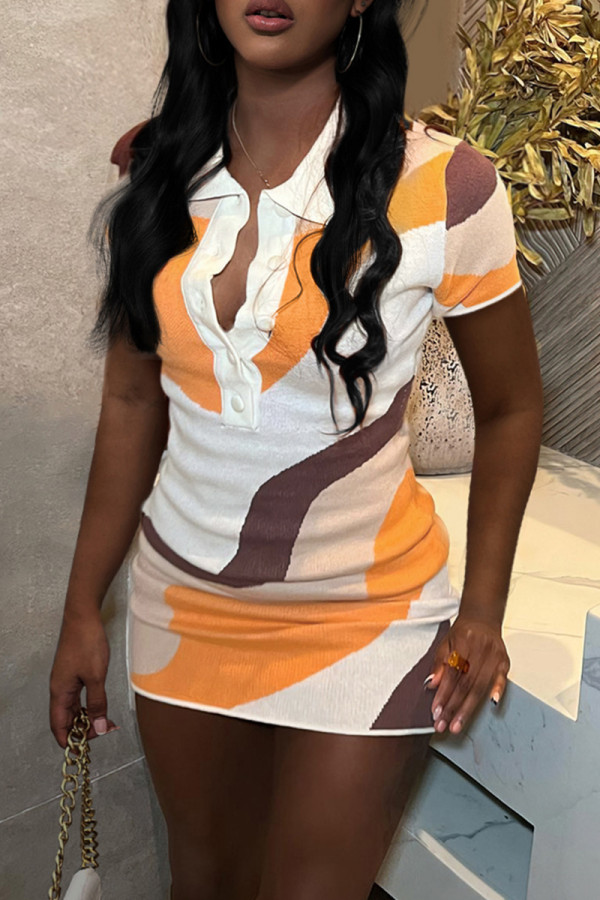 Orange Sexy Print Patchwork Buckle Shirt Collar Printed Dress Dresses