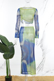 Blue Street Print Patchwork High Opening O Neck Long Sleeve Two Pieces