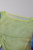 Blue Street Print Patchwork High Opening O Neck Long Sleeve Two Pieces