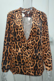 Brown Elegant Leopard Patchwork Pocket Buttons Turn-back Collar Plus Size Overcoat
