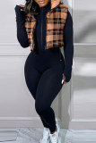 Light Brown Casual Plaid Patchwork Zipper Turndown Collar Outerwear