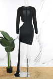 Black Sexy Solid Hollowed Out O Neck Long Sleeve Dresses