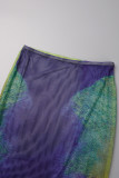 Blue Street Print Patchwork High Opening O Neck Long Sleeve Two Pieces