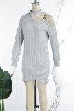 Grey Casual Solid Basic Halter Long Sleeve Dresses