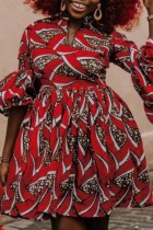 Red Casual Print Patchwork V Neck Long Sleeve Dresses (Subject To The Actual Object )