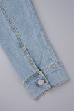 Light Blue Sexy Solid Patchwork Pocket Buckle Buttons Zipper Turndown Collar Long Sleeve Two Pieces