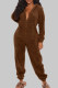 Coffee Casual Solid Patchwork Zipper Hooded Collar Regular Jumpsuits