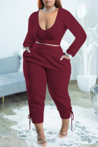 Burgundy Casual Solid Basic V Neck Plus Size Two Pieces