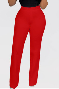 Tangerine Red Casual Solid Basic Regular High Waist Conventional Solid Color Trousers