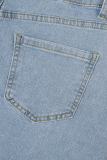Light Blue Sexy Solid Patchwork Pocket Buckle Buttons Zipper Turndown Collar Long Sleeve Two Pieces