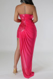 Pink Party Formal Patchwork Solid Sequins Patchwork Sequined Mesh Solid Color Strapless Evening Dress Dresses