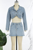 Light Blue Sexy Solid Patchwork Pocket Buckle Buttons Zipper Turndown Collar Long Sleeve Two Pieces