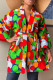 Red Green Casual Print With Belt Outerwear