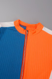 Blue Orange Casual Patchwork Contrast Zipper Collar Long Sleeve Two Pieces