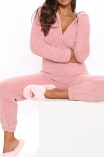 Pink Casual Solid Patchwork Zipper Hooded Collar Regular Jumpsuits
