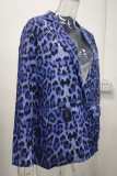 Blue Elegant Leopard Patchwork Pocket Buttons Turn-back Collar Plus Size Overcoat