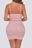 Pink Sweet Daily Party Elegant Formal Beading Hot Drill Spaghetti Strap Dresses