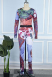 Colour Casual Print Patchwork O Neck Long Sleeve Two Pieces