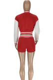 Red Casual Print Patchwork Pocket Buckle O Neck Long Sleeve Two Pieces