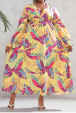 Yellow Elegant Floral Patchwork V Neck Printed Dress Plus Size Dresses
