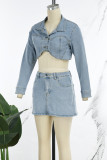 Light Blue Sexy Solid Patchwork Pocket Buckle Buttons Zipper Turndown Collar Long Sleeve Two Pieces