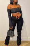 Black Casual Solid Bandage Patchwork Pocket Boot Cut High Waist Speaker Patchwork Bottoms