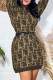 Coffee Casual Letter Patchwork O Neck One Step Skirt Dresses(Without Belt)