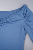 Blue Casual Solid Patchwork Stringy Selvedge V Neck Irregular Dress Dresses
