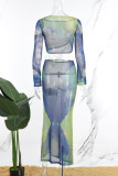 Blue Street Print Patchwork High Opening O Neck Long Sleeve Two Pieces
