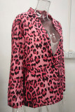 Red Elegant Leopard Patchwork Pocket Buttons Turn-back Collar Plus Size Overcoat