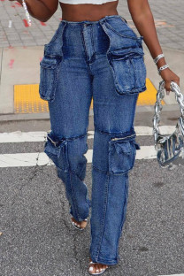 Blue Street Solid Patchwork Pocket Buttons Zipper High Waist Loose Denim Jeans