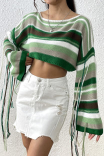 Green Sexy Color Block Tassel Patchwork O Neck Tops