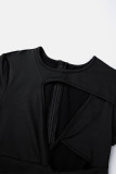 Black Sexy Solid Hollowed Out O Neck Long Sleeve Dresses