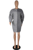 Grey Casual Patchwork Frenulum Contrast Half A Turtleneck Long Sleeve Plus Size Dresses