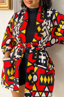 Red Yellow Casual Print With Belt Outerwear