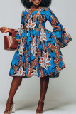 Blue Casual Print Patchwork V Neck Long Sleeve Dresses (Subject To The Actual Object )