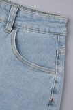 Light Blue Sexy Solid Patchwork Pocket Buckle Buttons Zipper Turndown Collar Long Sleeve Two Pieces