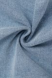 Light Blue Sexy Solid Patchwork Pocket Buckle Buttons Zipper Turndown Collar Long Sleeve Two Pieces