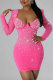 Rose Pink Sexy Party Hot Drilling Beading Hot Drill Square Collar Wrapped Skirt Dresses