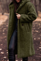Army Green Casual Solid Cardigan Hooded Collar Outerwear