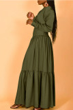 Army Green Casual Solid Patchwork Fold O Neck Long Dress Dresses