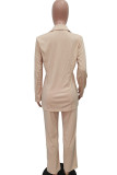 Khaki Elegant Solid Patchwork Buckle Turn-back Collar Long Sleeve Two Pieces