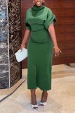 Green Casual Daily Elegant Simplicity Solid Color Half A Turtleneck Short Sleeve Two Pieces