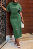 Green Casual Daily Elegant Simplicity Solid Color Half A Turtleneck Short Sleeve Two Pieces