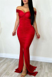 Red Sexy Formal Solid Backless Slit Off the Shoulder Long Dress Dresses