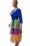 Blue Sweet Color Block Bandage Patchwork O Neck Cake Skirt Dresses
