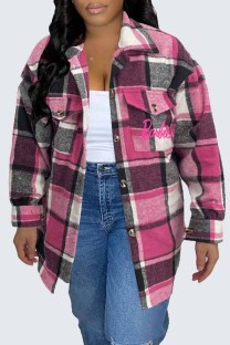 Rose Red Casual Plaid Print Letter Turndown Collar Tops