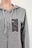 Grey Casual Print Letter Hooded Collar Long Sleeve Two Pieces
